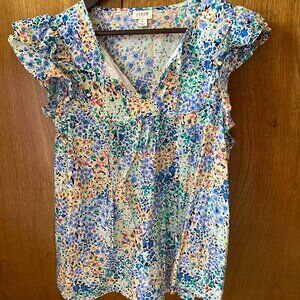 J. Crew factory floral top with ruffle sleeves size LARGE